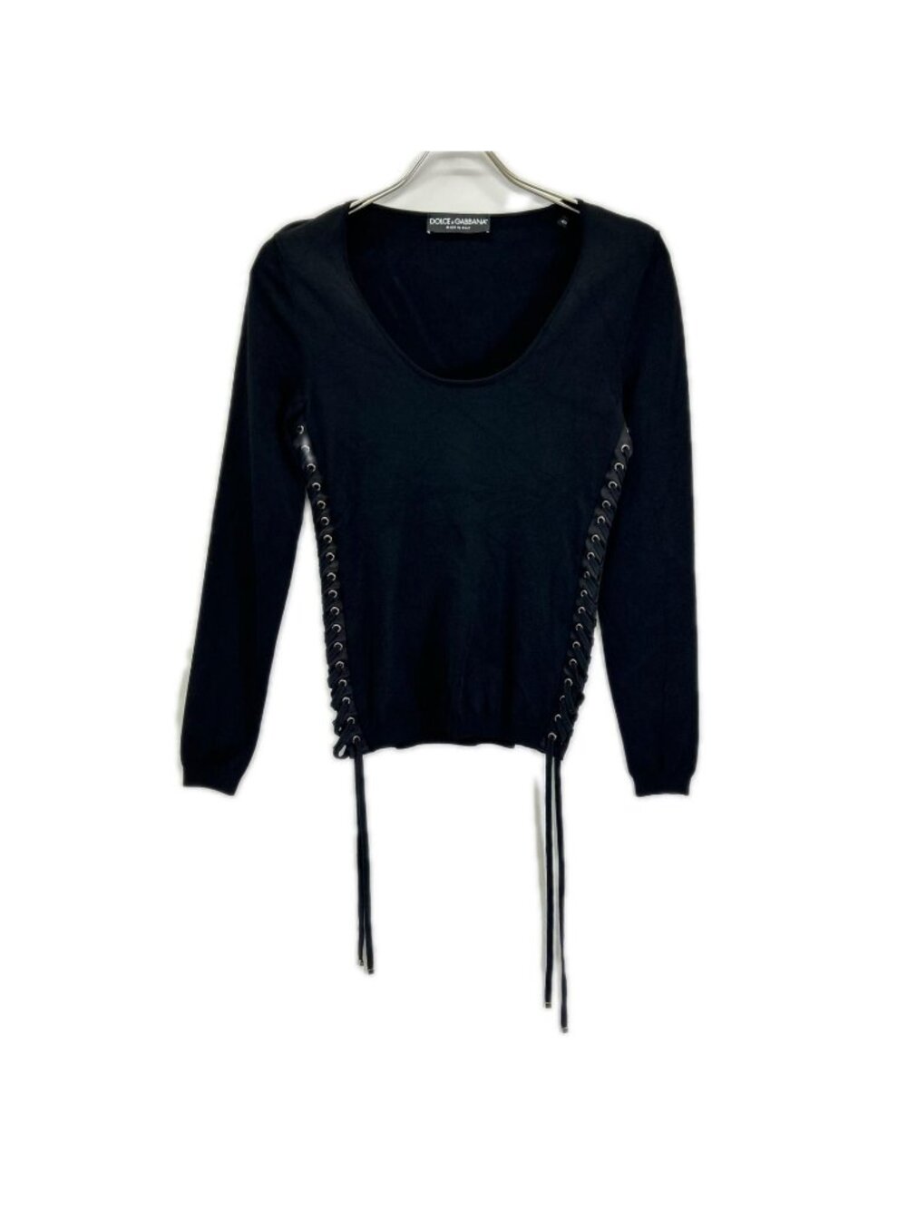 Dolce & Gabbana Black Lace Up Scoop Neck Pullover Sweater 40